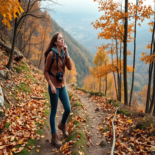 Secluded mountain trail, the ground covered in autumn leaves, a woman in hiking boots pauses to take a deep breath, her camera around her neck, ready to capture the landscape.