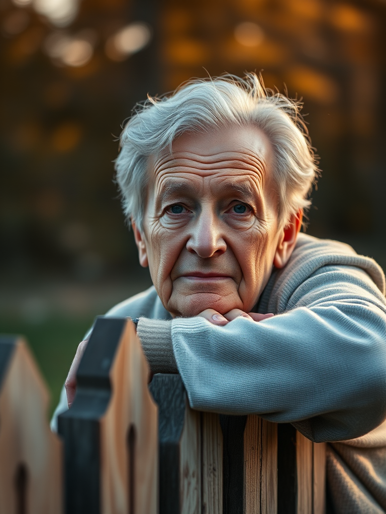 Regenerate a close-up portrait of an elderly person with gray hair leaning on a wooden fence in soft evening light, using a full-frame DSLR camera with a 50mm lens, aperture set to f/1.8 for a shallow depth of field, ISO 200, and a warm color temperature to enhance the emotional atmosphere.
