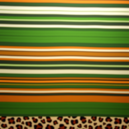 Create a high-resolution image with a rich green and brown striped background and a decorative leopard print frame, using a DSLR camera, 50mm lens, aperture f/1.8, ISO 100, and a shallow depth of field for a vibrant look.