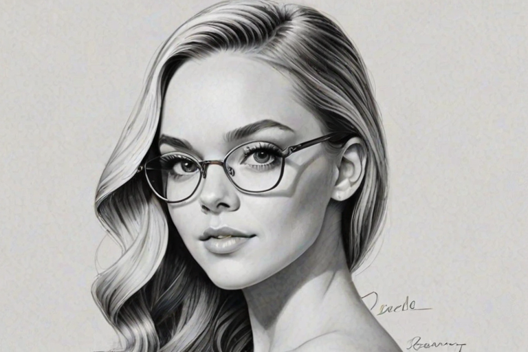Magnificent Danielle Bradbery, pencil sketch, portrait of Graceful woman 1952s in glasses, hair style beatnik, outline, clear lines, fine lines, 8k