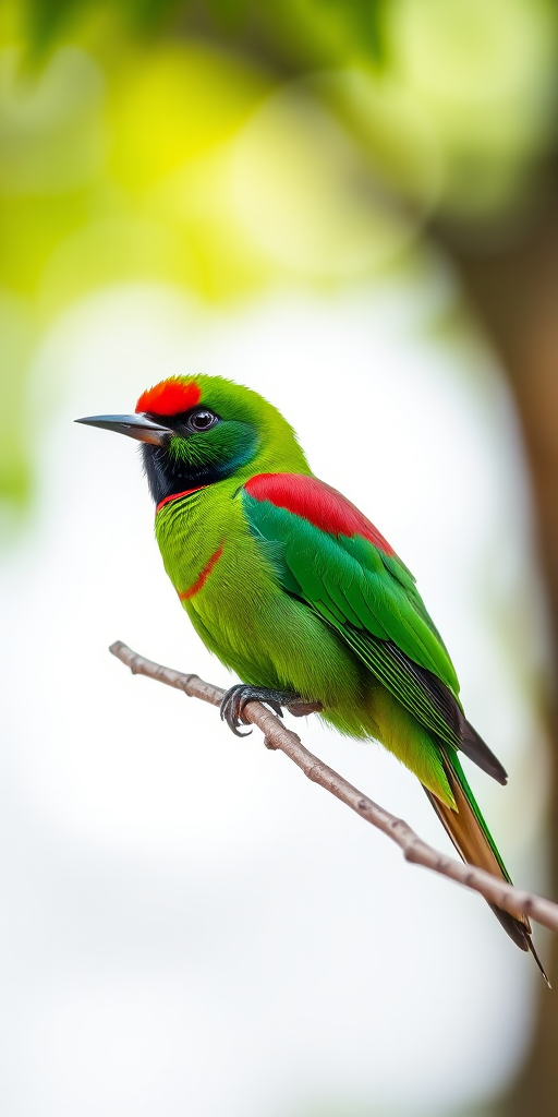 a vibrant bird with a green body and striking red markings perched on a branch, soft bokeh background, taken with a Canon EOS 5D Mark IV, f/4 aperture, ISO 200, 50mm lens, natural light, shallow depth of field, 1/200s shutter speed