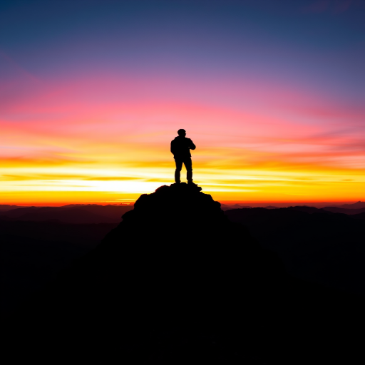 Generate a high-resolution image of a silhouette of a person standing on a mountain peak during sunset, using a DSLR camera, 50mm lens, aperture f/1.8, ISO 100, shutter speed 1/200s, captured from a low angle to emphasize the peak's height and the vibrant colors of the sunset in the background.