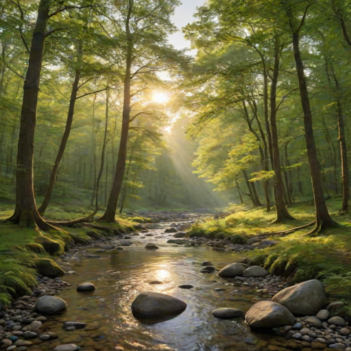 Create an image of a serene, sunlit forest scene with a clear, gently flowing river. Tall trees with lush green foliage line both sides of the river, their leaves bathed in the warm golden light of the setting or rising sun. The sunlight filters through the trees, casting soft, dappled light on the river, which flows over smooth rocks and pebbles, creating a peaceful, natural atmosphere. The sky is bright with a few scattered clouds, and the overall mood is tranquil, evoking a deep sense of connection with nature. The image captures the beauty of a calm, pristine forest landscape at either dawn or dusk.