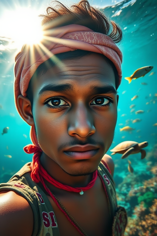 Realistic selfie image of a Sri Lankan, wearing a vintage outfit, detailed dreamy eyes, droopy hooded eyes, staring at the camera, taken underwater at coral reef with a sunbeam filtering through the water, vibrant, summer vacation, natural lighting, turtle and school of tropical fish with vibrant colors, rendered in the style of CryEngine, Pegi Nicol MacLeod, with realistic genre scenes, hauntingly beautiful narratives, ultra-realism, and Thomas Saliot's close-up technique, 8K resolution, crystal clear and sparkling water.