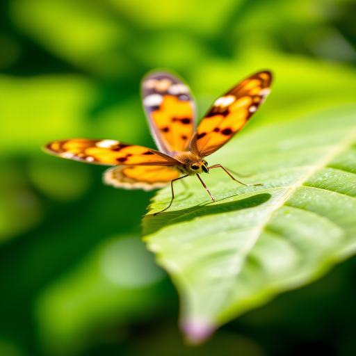 Close-up of a butterfly perched on a green leaf, natural sunlight, 50mm lens, f/2.8 aperture, ISO 200, shallow depth of field, macro photography, DSLR camera.
