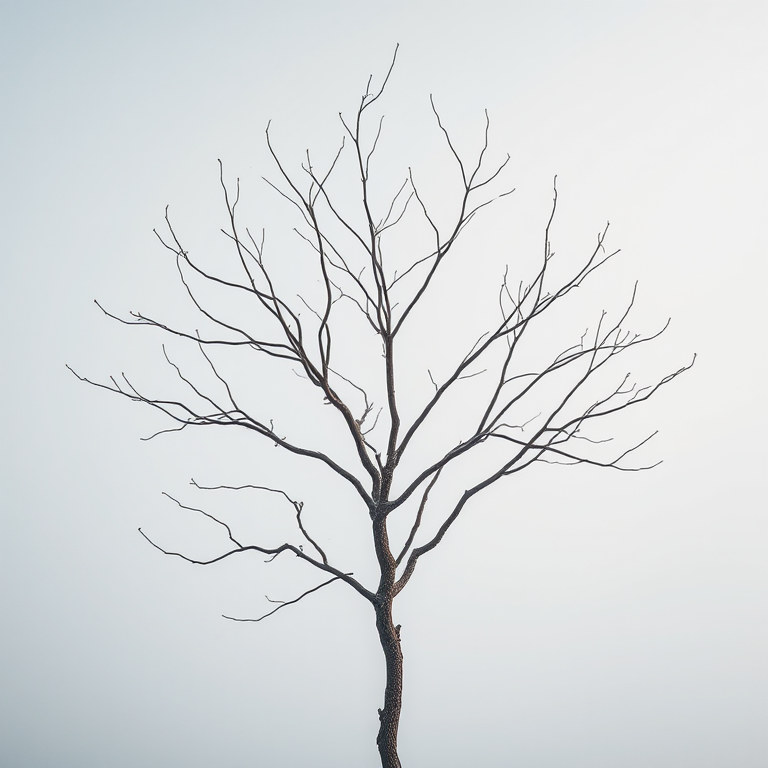 Create a detailed image of a bare tree in a minimalist style with intricate branches, taken with a Canon EOS R5 at f/8, ISO 100, 1/250 sec, using a macro lens for enhanced texture and detail, and positioned against a soft gradient background for contrast.
