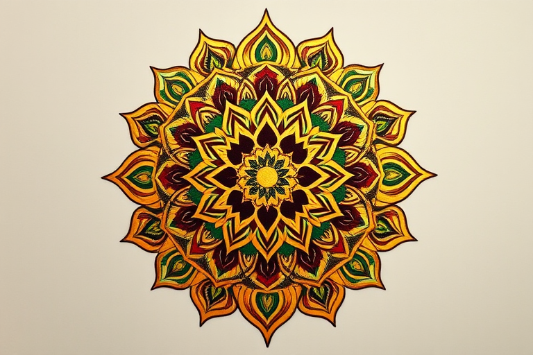 Elegant "Gilded Mandala" tattoo style featuring intricate, symmetrical patterns inspired by traditional Buddhist and Hindu art, rendered in rich gold ink with accents of deep burgundy and emerald green, creating a luxurious and spiritually meaningful design that exudes balance and harmony, ideal for those seeking a tattoo with both aesthetic beauty and profound symbolism