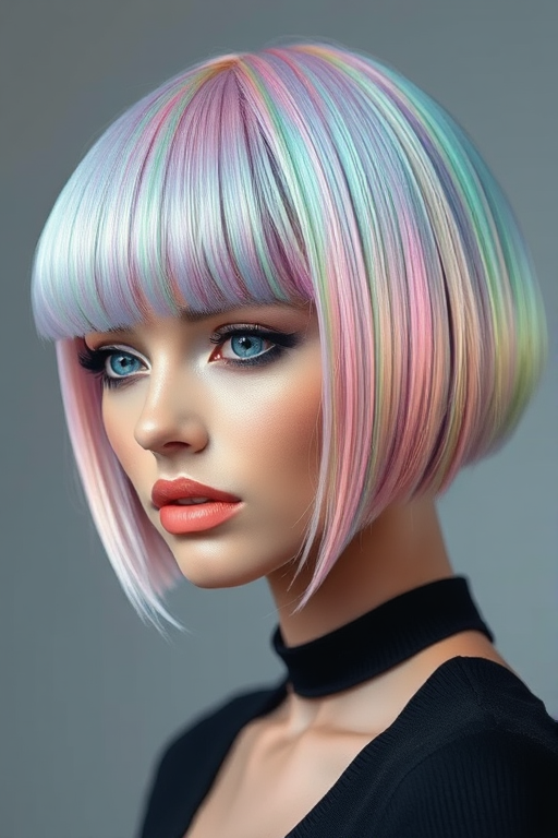 Futuristic hair style revealing holographic pastel hues blended seamlessly on a sharp angled bob with blunt bangs