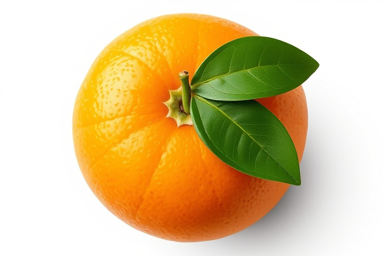 Create a high-resolution illustration of a fresh, round orange with a green leaf, focusing on vibrant colors and smooth texture, using a Canon EOS R5 camera, f/2.8 aperture, 50mm lens, top-down view, soft lighting for enhanced detail and depth.