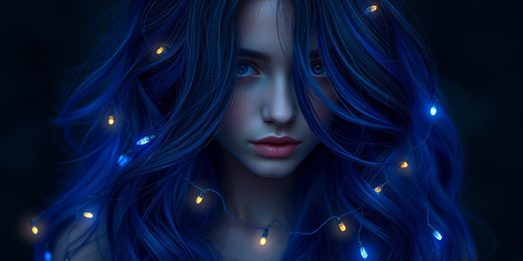 Mystical indigo locks adorned with twinkling fairy lights, Enchanted's hair cascades down in loose waves, creating a magical and otherworldly appearance that seems to glow from within
