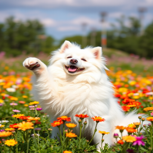 A fluffy white Samoyed dog playfully posing in a field of colorful blooming flowers with a bright sky in the background. The dog is smiling and raising its paw, showcasing its friendly demeanor.