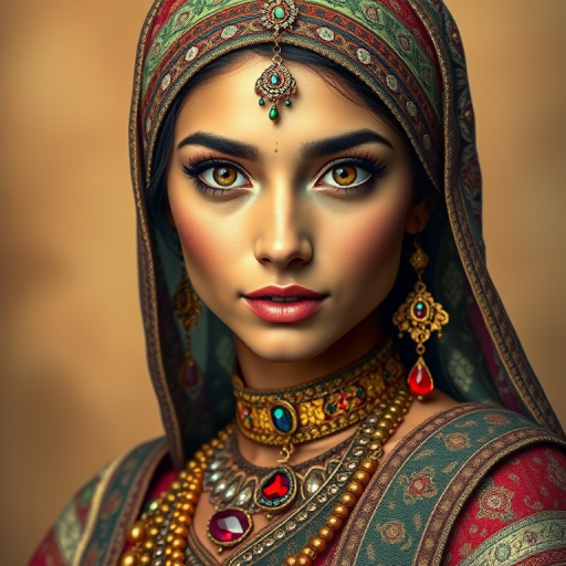 Create a portrait of a beautiful woman with striking hazel eyes and a gentle expression. She is adorned in traditional attire with intricate patterns, including a richly embroidered headscarf and matching garments. Her jewelry includes a delicate headpiece, dangling earrings, and ornate bracelets, all featuring vibrant gemstones and detailed metalwork. The background is soft and warm, enhancing the rich colors of her outfit and jewelry.