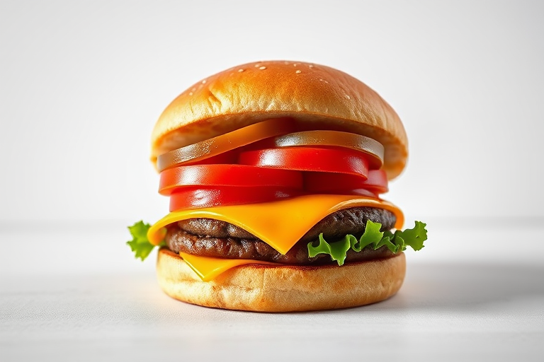 Generate a high-resolution image of a stylized cheeseburger with vibrant colors and a minimalist background, using a 50mm lens, f/1.8 aperture, ISO 100, and natural lighting, captured from a top-down view in a digital format.