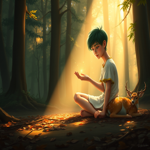 A luminous digital painting of a serene forest scene featuring a barefoot young male, about 7 years old, with green hair and fair skin, dressed in a simple white outfit. He sits cross-legged on the forest floor, gazing at a small, glowing, magical firefly in his hand. Beside him, a delicate spotted deer lies calmly on a bed of dried leaves, observing the scene. The dense forest is bathed in warm, golden light filtering through the trees, creating a peaceful, magical atmosphere with a blend of natural and mystical elements.