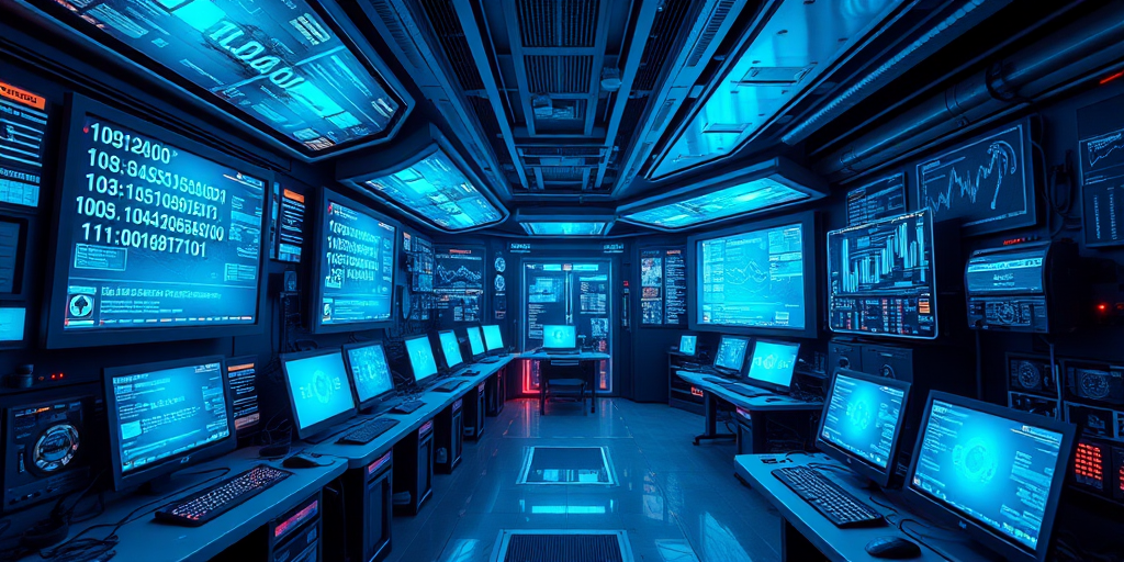 A futuristic digital workspace filled with glowing screens and holographic data displays, with a blue color scheme and binary code overlay, captured in high resolution using a wide-angle lens, f/2.8 aperture, ISO 200, 1/60s shutter speed for vibrant detail and clarity.