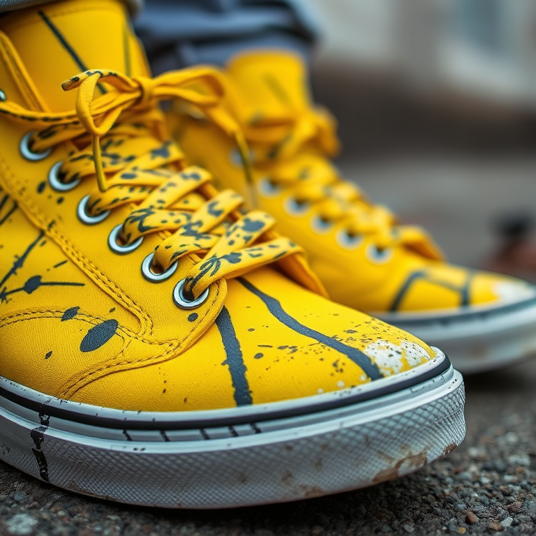 high-quality image of vibrant yellow sneakers with black graffiti art splatter, shallow depth of field, close-up shot, natural lighting, DSLR camera, f/1.8 aperture, ISO 100, 50mm lens.