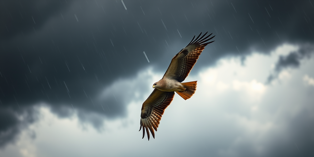 Capture a soaring hawk in a dramatic stormy sky with dark clouds and rain, using a DSLR camera at 200mm focal length, f/5.6 aperture, ISO 400, with a high-speed shutter of 1/1000 seconds, taken from a low angle to emphasize the bird's wingspan and enhance the moody atmosphere.