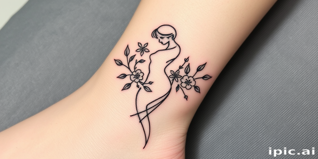 Minimalist single-line continuous tattoo, "Fluid Essence," depicting a graceful female form intertwined with delicate flowers and leaves, using a thin black line that never breaks or crosses itself, ideal for wrapping around the wrist or ankle