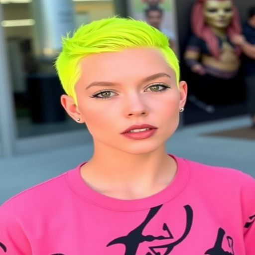 Electric neon yellow buzz cut called "Lightning Strike," showcases a precisely trimmed, ultra-short style with sharp, clean lines and a vibrant, eye-catching hue that demands attention and exudes confidence