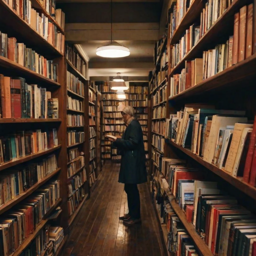 A quiet bookshop on a rainy afternoon, the smell of fresh coffee and old books filling the air, as a woman browses the shelves, running her fingers along the spines.