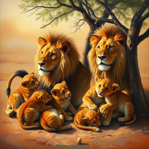 a beautiful realistic oil painting of a Lioness and Lion laying next to each other in a small shade tree while their cubs are playing around them.  1 cub is playing with The lions tail and 1 is biting the lionesses ear.  Setting is African desert.  The scene is warm and serene