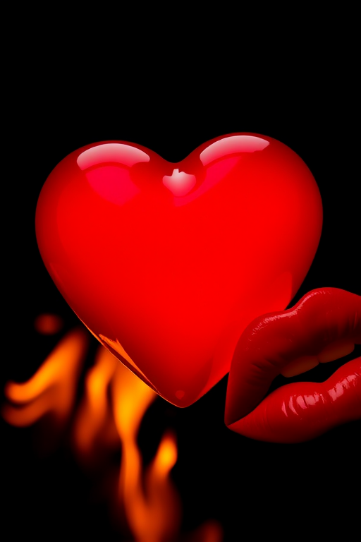 Create an image of a shiny red heart with flames underneath it and a pair of red lips on the side, using a DSLR camera with a 50mm lens, f/2.8 aperture, ISO 100, and a shallow depth of field for a vibrant and focused look.