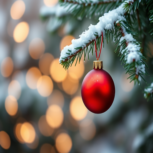 Create an image of a snow-covered evergreen tree branch with a single red ornament hanging from it. The background should feature soft, warm bokeh lights to evoke a festive atmosphere. Make sure the focus is on the ornament and the delicate snow on the branches.