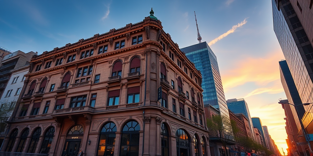 Capture a vibrant cityscape featuring an ornate architectural building with a modern skyline backdrop during golden hour, using a Canon EOS R5, 24mm lens at f/8, ISO 100, 1/250s shutter speed, wide-angle view, and high dynamic range for enhanced image quality.
