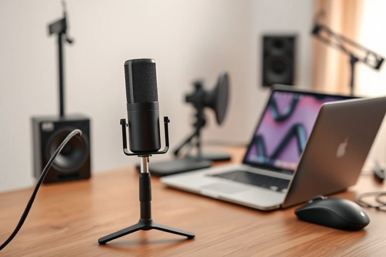 A modern workspace with a black USB microphone on a metallic stand, an open laptop with a sleek design, a wireless mouse, and audio equipment in a softly lit room; captured with a DSLR camera, 50mm lens, f/1.8 aperture, ISO 100, and 1/60s shutter speed to enhance clarity and depth of field.
