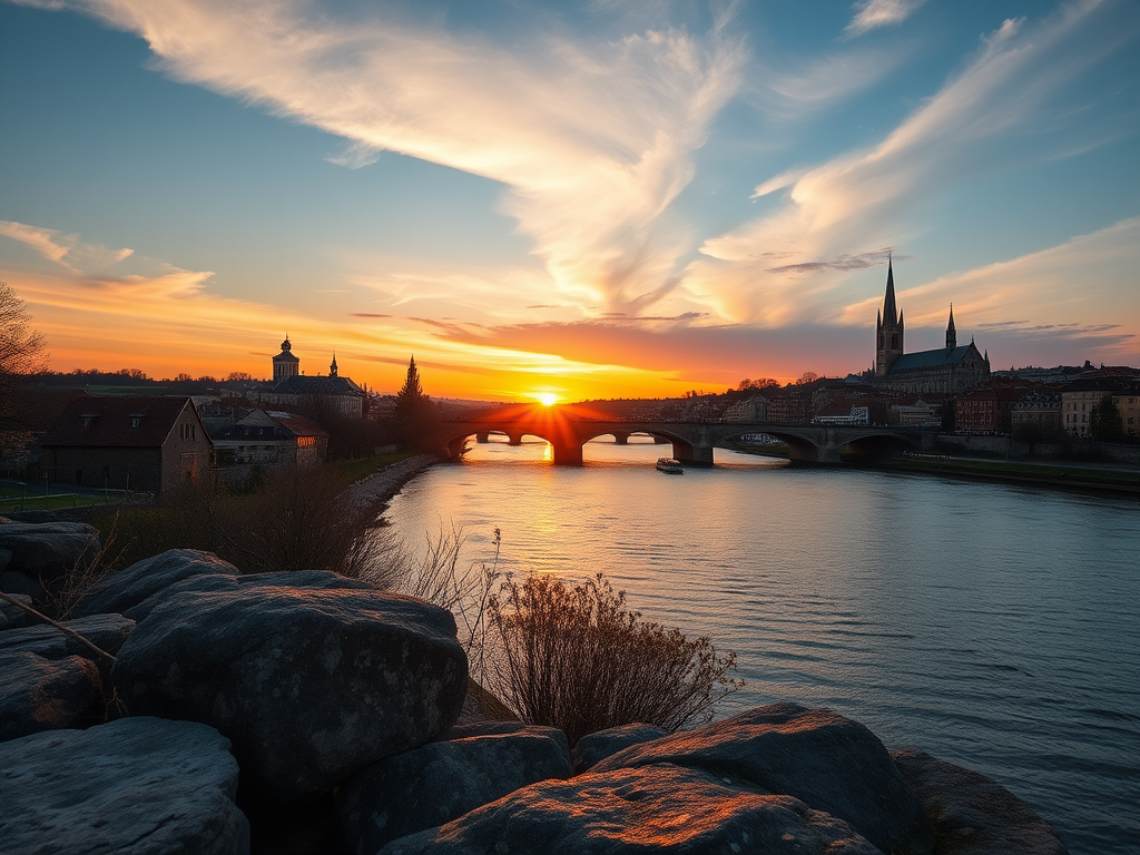 Capture a picturesque sunset over a river with a historic town and gothic architecture in the background, using a Canon EOS R5, ISO 100, f/8, 1/200 sec, 24mm lens, shot from a slightly elevated angle for depth and clarity.