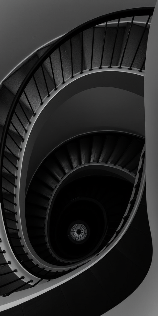 a winding staircase captured from above in black and white, showcasing the curves and shadows of the steps and railing, with a minimalistic and elegant design