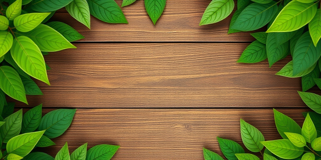 Generate an image of a wooden background with a variety of green leaves framing the edges, using a DSLR camera with a 50mm lens at f/2.8, ISO 100, natural light, top-down view to enhance depth and texture.