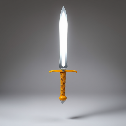 Create an image of a stylized sword with a bright white blade and a yellow hilt, captured using a DSLR camera with a 50mm lens, aperture f/2.8, ISO 100, in a well-lit studio setting for enhanced clarity and detail.