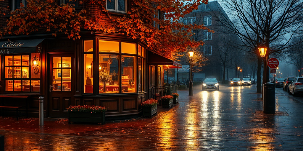 A cozy street scene in the evening with a quaint cafe featuring large windows glowing with warm lights surrounded by autumn leaves and brick pavement reflecting a gentle rain with a hint of fog in the air.
