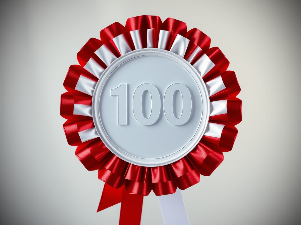 Regenerate an image of a red and white circular rosette ribbon with the number 100 in the center, using a DSLR camera with a 50mm lens, f/2.8 aperture, ISO 100, and a soft focus background for enhanced clarity.