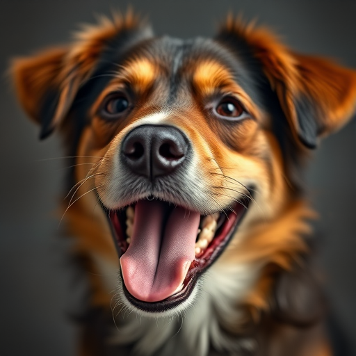 Create a highly detailed portrait of a dog with a joyful expression, using a Canon EOS 5D Mark IV camera, 50mm lens, aperture f/2.8, ISO 100, soft lighting, shallow depth of field, and an emphasis on texture and fur details.