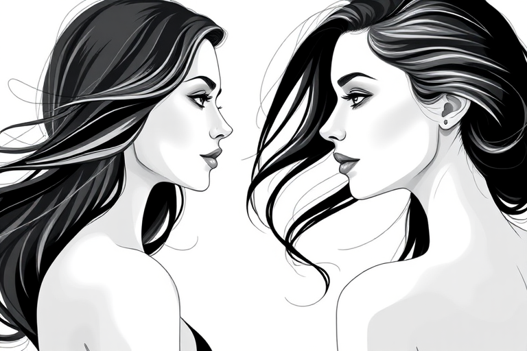 Generate a high-resolution portrait illustration of two elegantly styled women with flowing hair, showcasing their profiles from the left and right sides, in soft monochrome tones, captured with a Canon EOS R5 at f/2.8, 50mm lens, in natural light, with a slight vignette effect to enhance depth.
