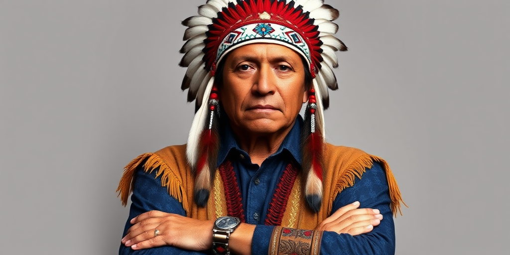 Create a dignified portrait of a Native American man dressed in traditional attire. He wears a beautifully crafted headdress adorned with white feathers and red beads, along with a beaded headband featuring intricate patterns. His clothing includes a deep blue, patterned shirt and a traditional chest piece with detailed beadwork. His arms are crossed, displaying leather armbands decorated with feathers. The background is simple and neutral, emphasizing his proud and stoic expression. The overall image captures the rich cultural heritage and strength of his persona.