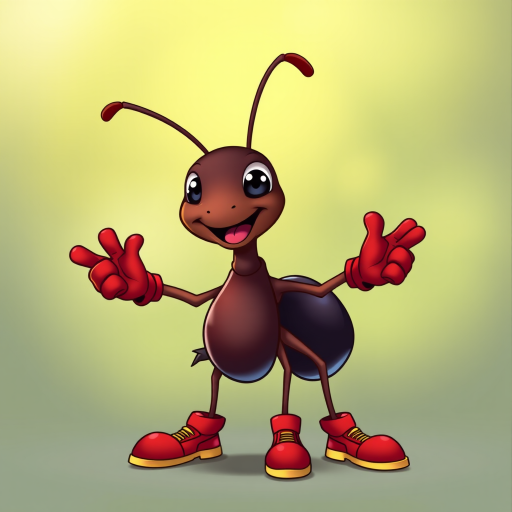 Generate a high-resolution cartoon illustration of a cheerful ant with red gloves and shoes, full-body view, using a Canon EOS 5D Mark IV, ISO 100, f/8 aperture, 24mm lens, natural lighting.
