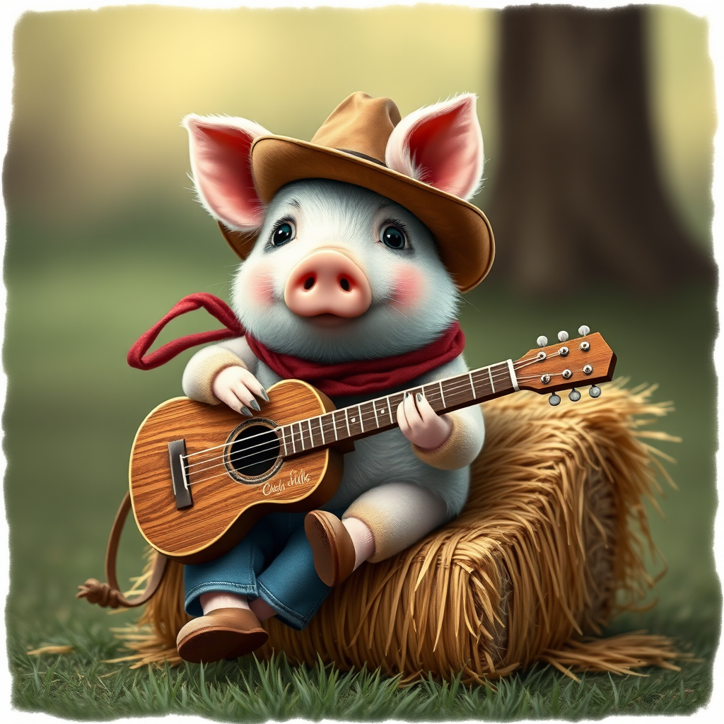 A chibi pig, dressed as a cowboy, playing guitar, sitting on a hay bale