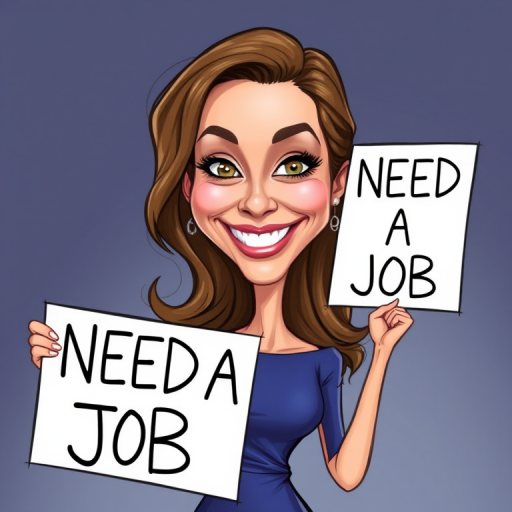 caricature of a smiling Olivia Wilde in a Sapphire dress or suit, holding up a sign that says "NEED A JOB", no watermark,