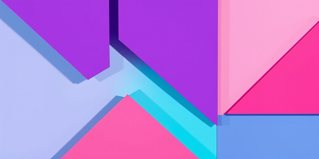 Create an abstract composition featuring geometric shapes with vibrant colors like purple, pink, and turquoise, using a high-resolution DSLR camera at a 50mm lens, f/2.8 aperture, ISO 100, shot from a top-down perspective with natural lighting to enhance clarity and detail.