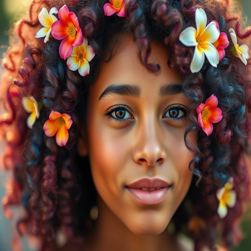 Create a close-up portrait of a young woman with vibrant, multicolored curly hair adorned with flowers, soft natural lighting, using a Canon EOS R5, 85mm f/1.2 lens, ISO 100, aperture f/1.8, and a shallow depth of field to enhance details and texture.