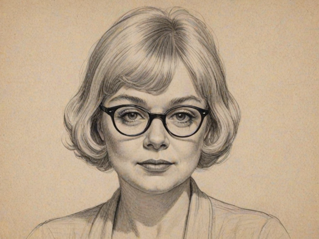 Captivating June Squibb, pencil sketch, portrait of Alluring woman 1921s in glasses, hair style beatnik, outline, clear lines, fine lines, 8k