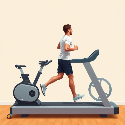 Create a high-resolution digital illustration of a man running on a treadmill beside a stationary bike, with a clean and minimalist background, using a Canon EOS 5D Mark IV camera at f/2.8, ISO 100, 1/200s, shot from a slightly elevated angle to enhance perspective and detail.