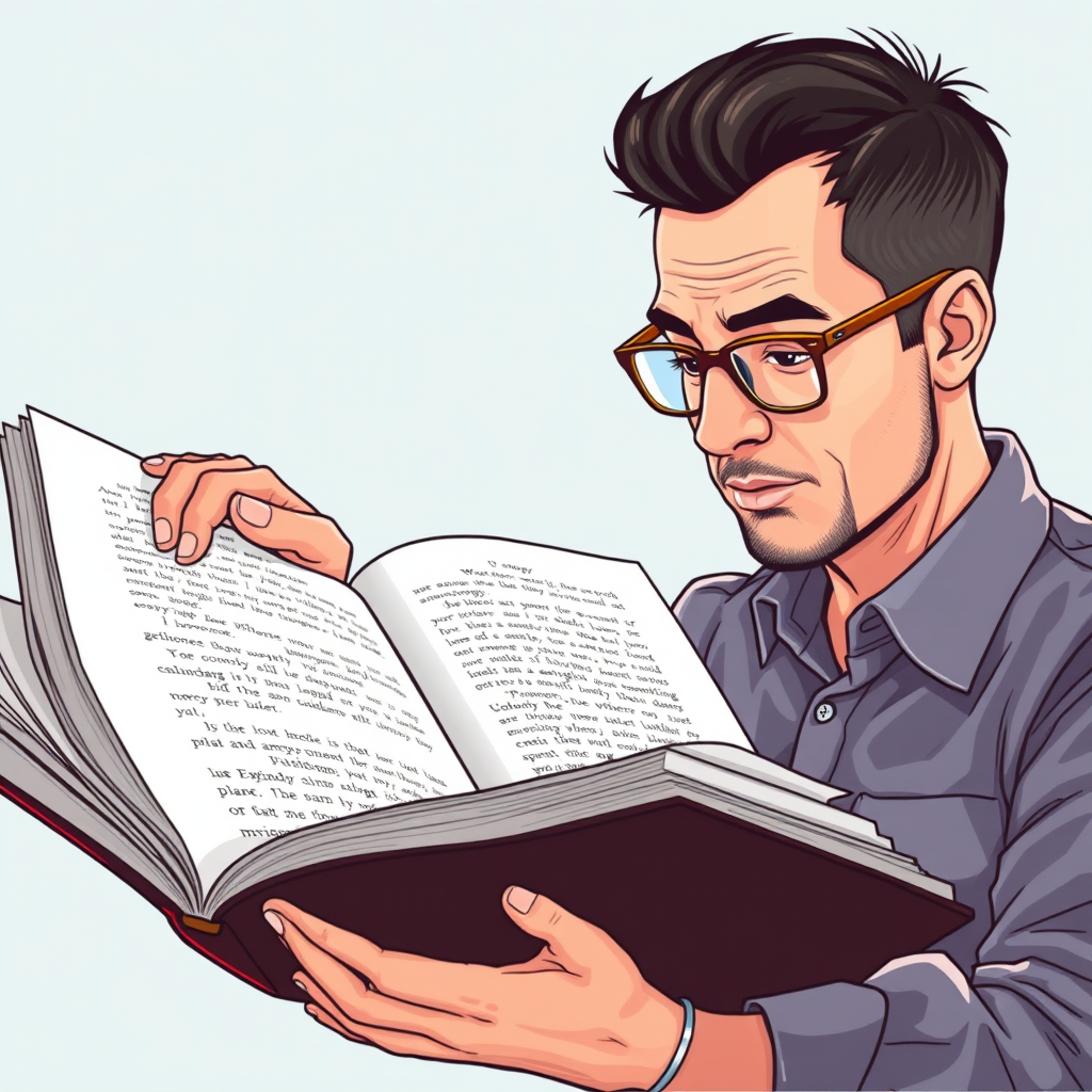 create an illustration of a bespectacled man focused intently on a large open book with his finger pointing at the pages, use a vector art style, capture with a high-resolution digital camera at 50mm focal length, f/2.8 aperture, and a soft lighting setup for clarity and depth