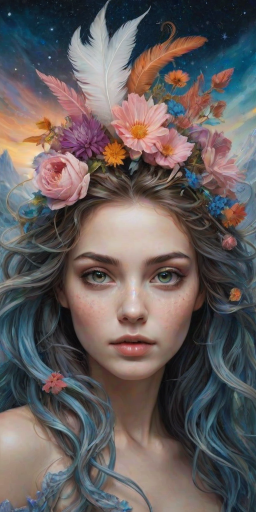 Create a series of imaginative portraits where each subject is infused with elements of fantasy and nature. The hair of the individuals should flow like clouds, varying from soft, fluffy cumulus to wispy cirrus strands, with hints of color reflecting a sunset or a clear blue sky. The eyes should be windows to entire galaxies, with stars, nebulae, and distant planets visible within them. Clothing should be adorned with nature motifs, such as floral patterns that bloom and change, vines that seem to grow and wrap around, or feathers that shimmer with iridescence. Each portrait should capture a unique personality, blending human features with the ethereal beauty of the natural and cosmic world. The backgrounds can vary, from starry night skies to enchanted forests, adding depth and context to the magical realism of the portraits