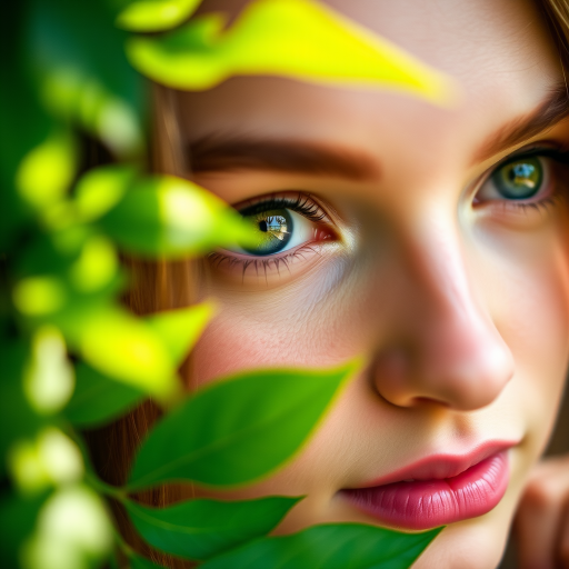 portrait of a young woman with enchanting green eyes partially framed by lush green leaves, natural lighting, soft focus, camera settings: f/2.8, ISO 100, shutter speed 1/200s, camera view: close-up, camera style: shallow depth of field, camera type: DSLR