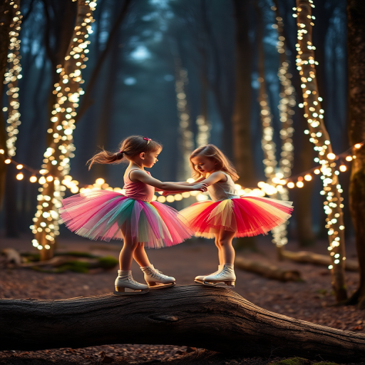 Two ballerinas in colorful tutus skating on a wooden log under twinkling fairy lights in a magical forest, captured with a Canon EOS R5, 50mm lens, f/1.8 aperture, ISO 200, soft focus, warm lighting.