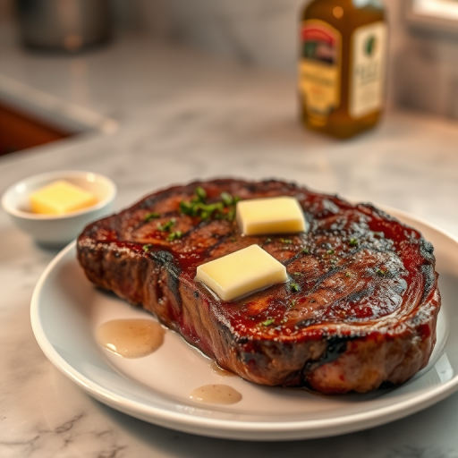 Create an image of a perfectly seared ribeye steak, resting on a white plate with a pat of melting butter on top. The steak is seasoned with fresh herbs like thyme and parsley, with glistening juices highlighting the texture of the meat. The background features a soft focus on a light, marble countertop, with a small dish of butter and an olive oil bottle in the distance. The overall mood should be warm and inviting, capturing the deliciousness and juiciness of the steak.